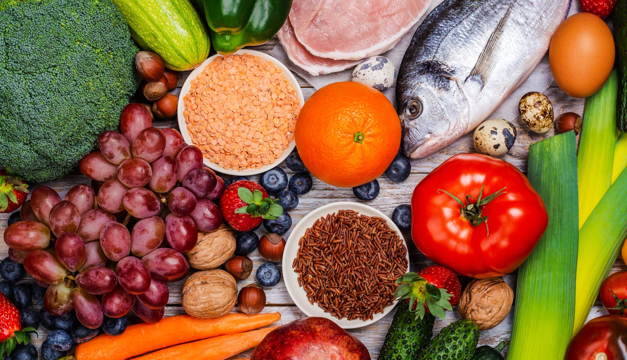 Make Meals Count Fruits, vegetables, and fish on wooden table
