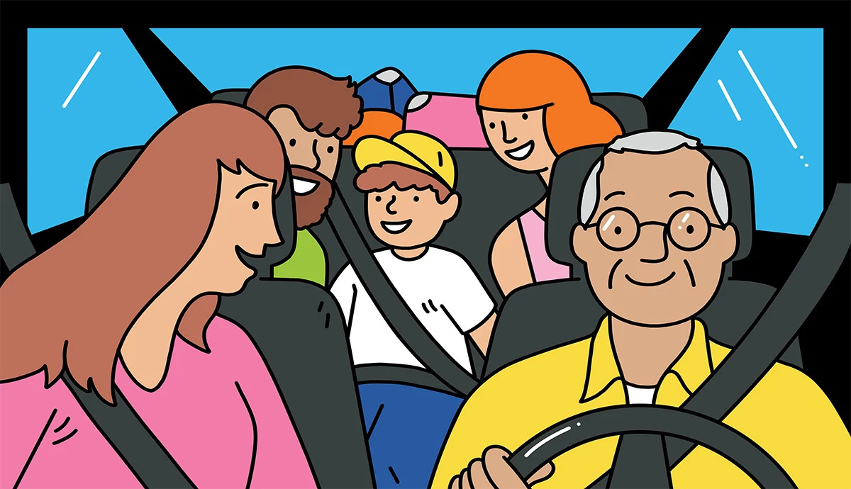an illustration of a family in a car
