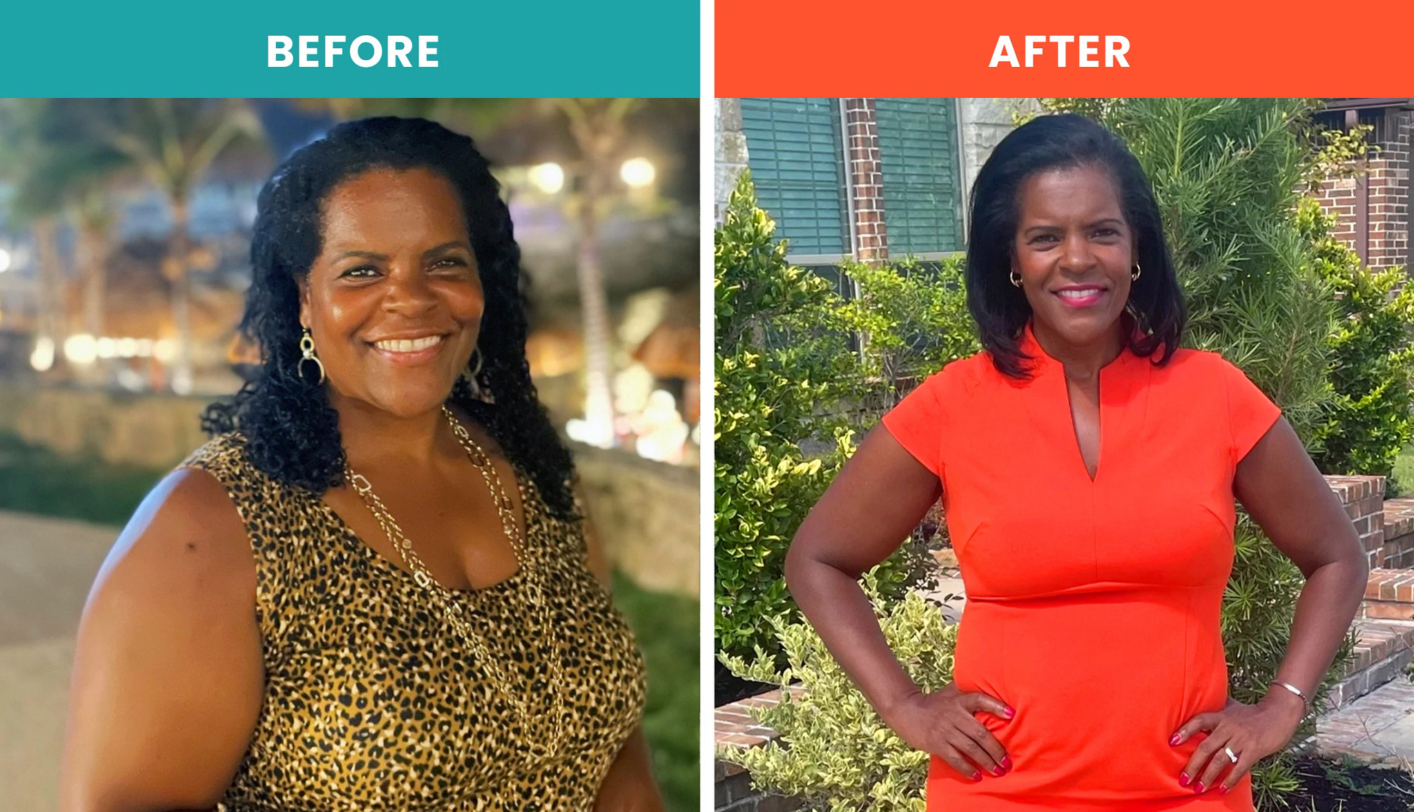Before-and-after photo collage of an adult woman showcasing a significant weight loss and wellness transformation. The left image shows the individual in a patterned sleeveless outfit, while the right image shows the same individual outdoors wearing a bright orange dress
