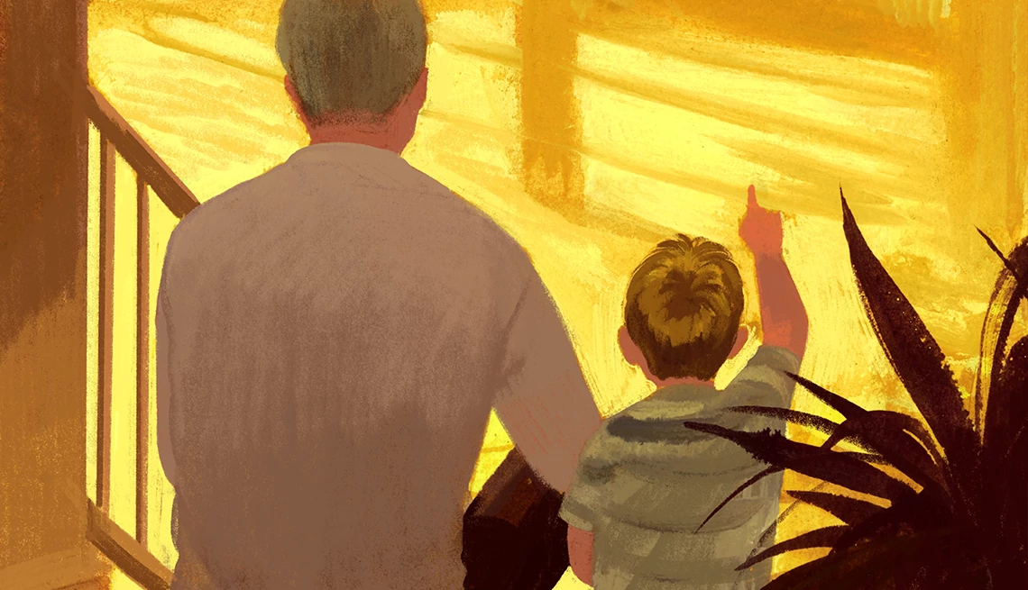 an illustration shows an older adult male spending time with a young boy on the stairs of a porch