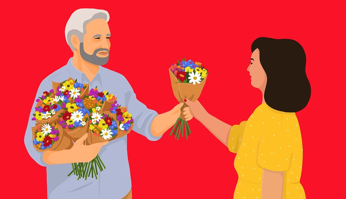 How Do I Stop Serial Dating? an older adult male is handed a bouquet of flowers from a woman. He already has several other bouquets he is carrying in his right arm