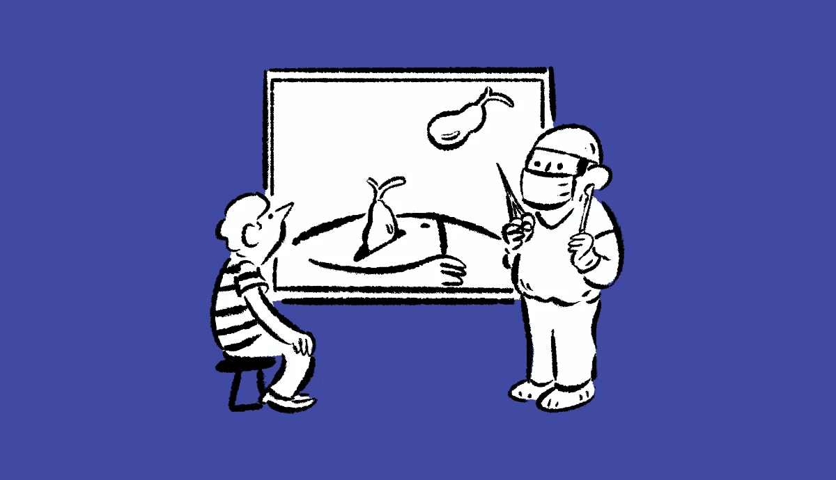An illustration on a purple background shows a seated patient looking at a diagram of a gallbladder while a surgeon in scrubs holds medical tools.