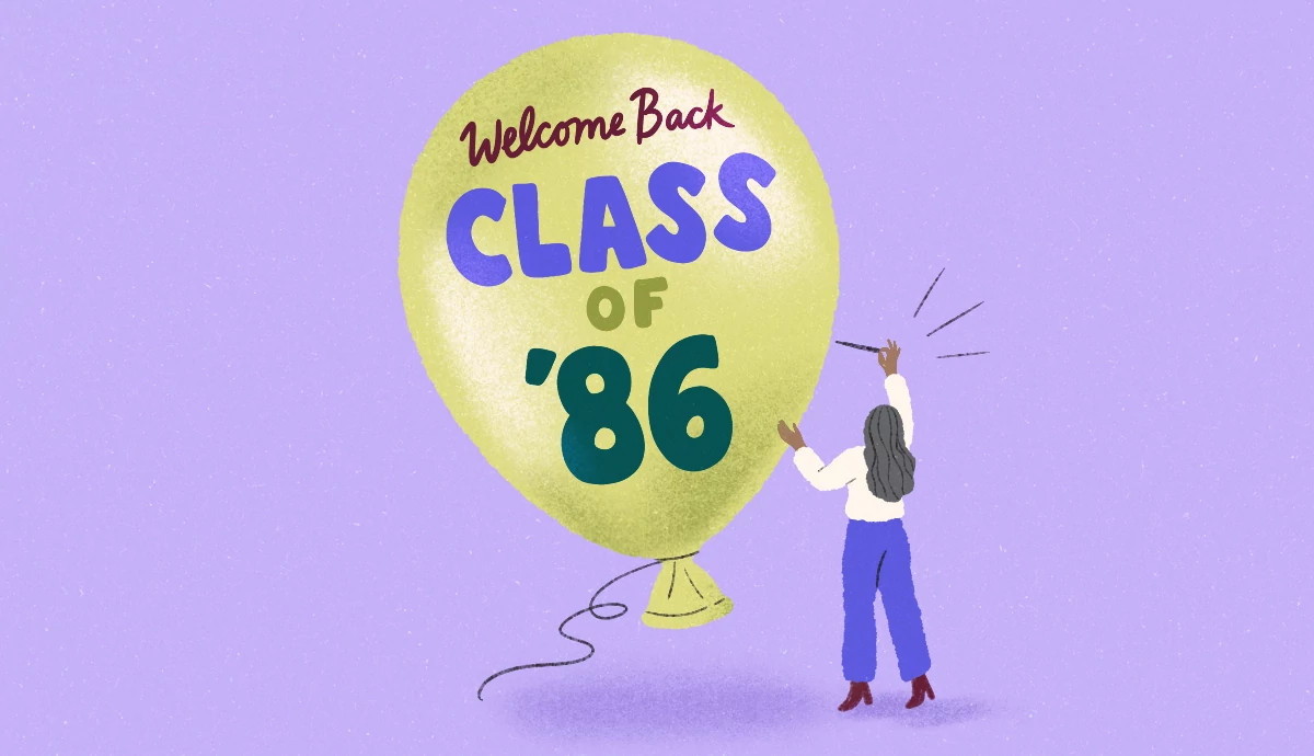 a woman gets ready to pop a giant bubble that welcomes back the class of nineteen eighty six