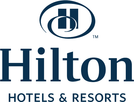 Hilton Hotels & Resorts logo with navy blue letters and H and D symbol