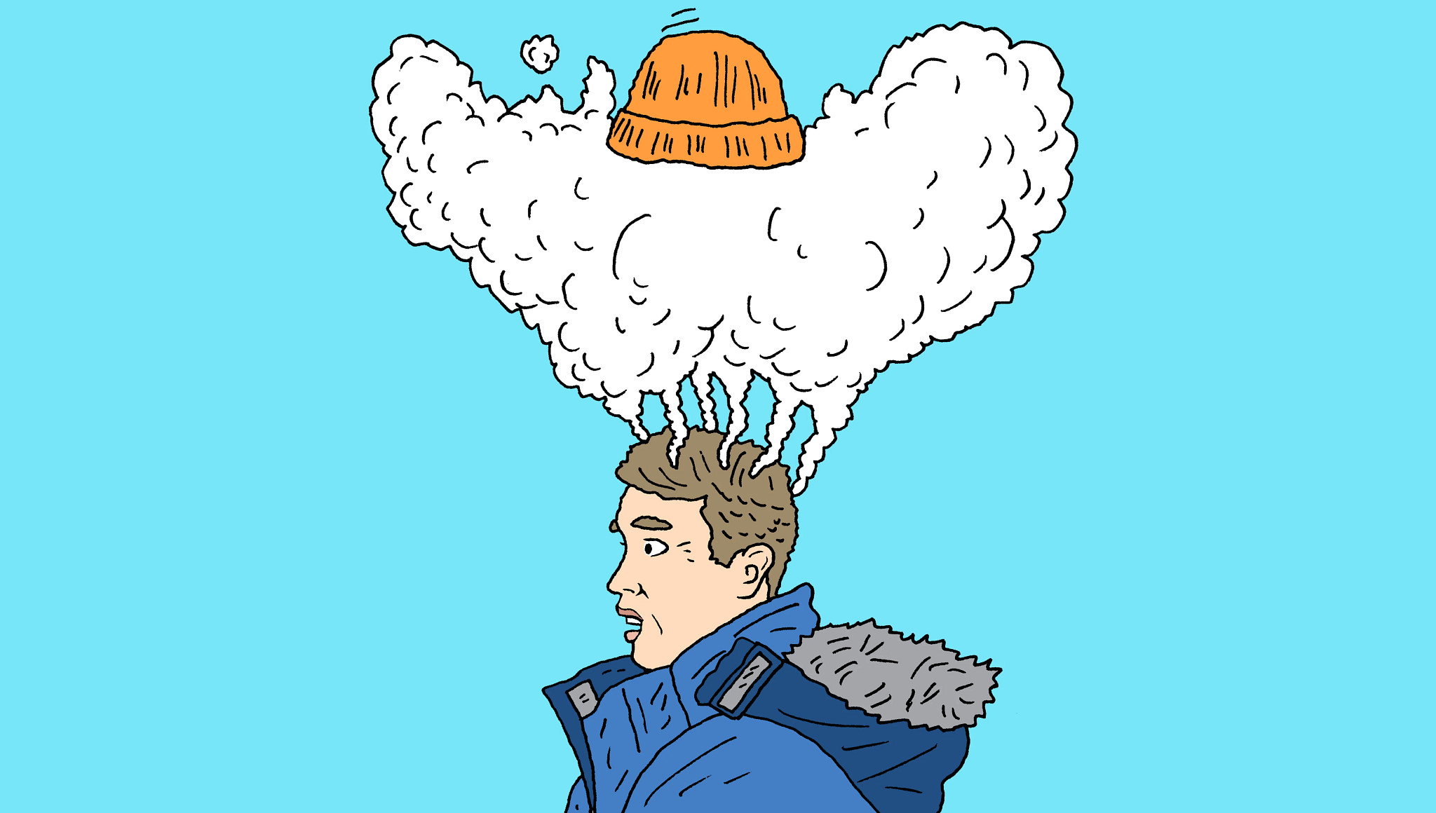 an illustration shows a man dressed in winter wear, a steam cloud is rising from his head, lifting pushing his ski cap skyward