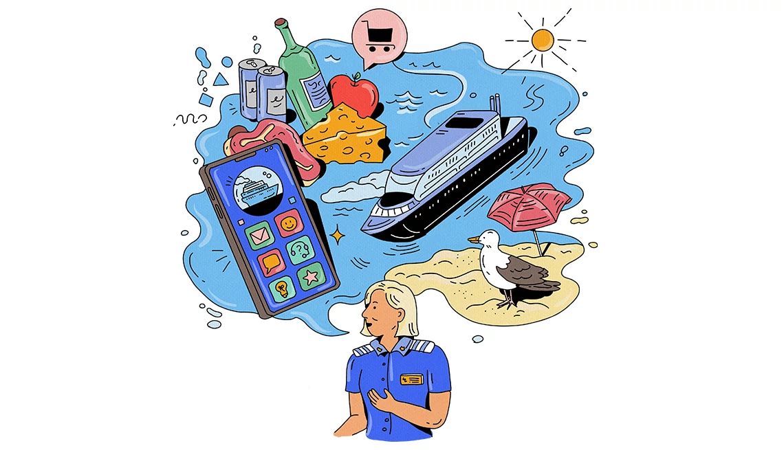 Insider tips from a cruise director illustration of a female cruise director with a speech bubble showing cruise ship, cell phone, a beach and more