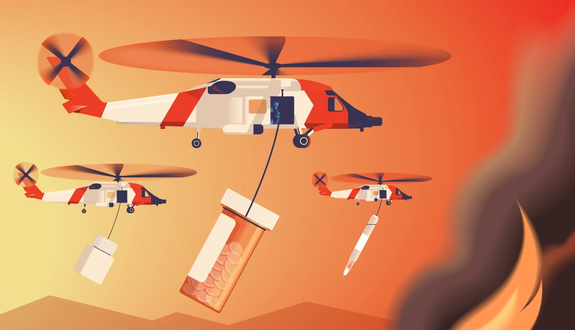 Cómo obtener tus medicamentos recetados durante un desastre Tres helicopteros volando con medicina