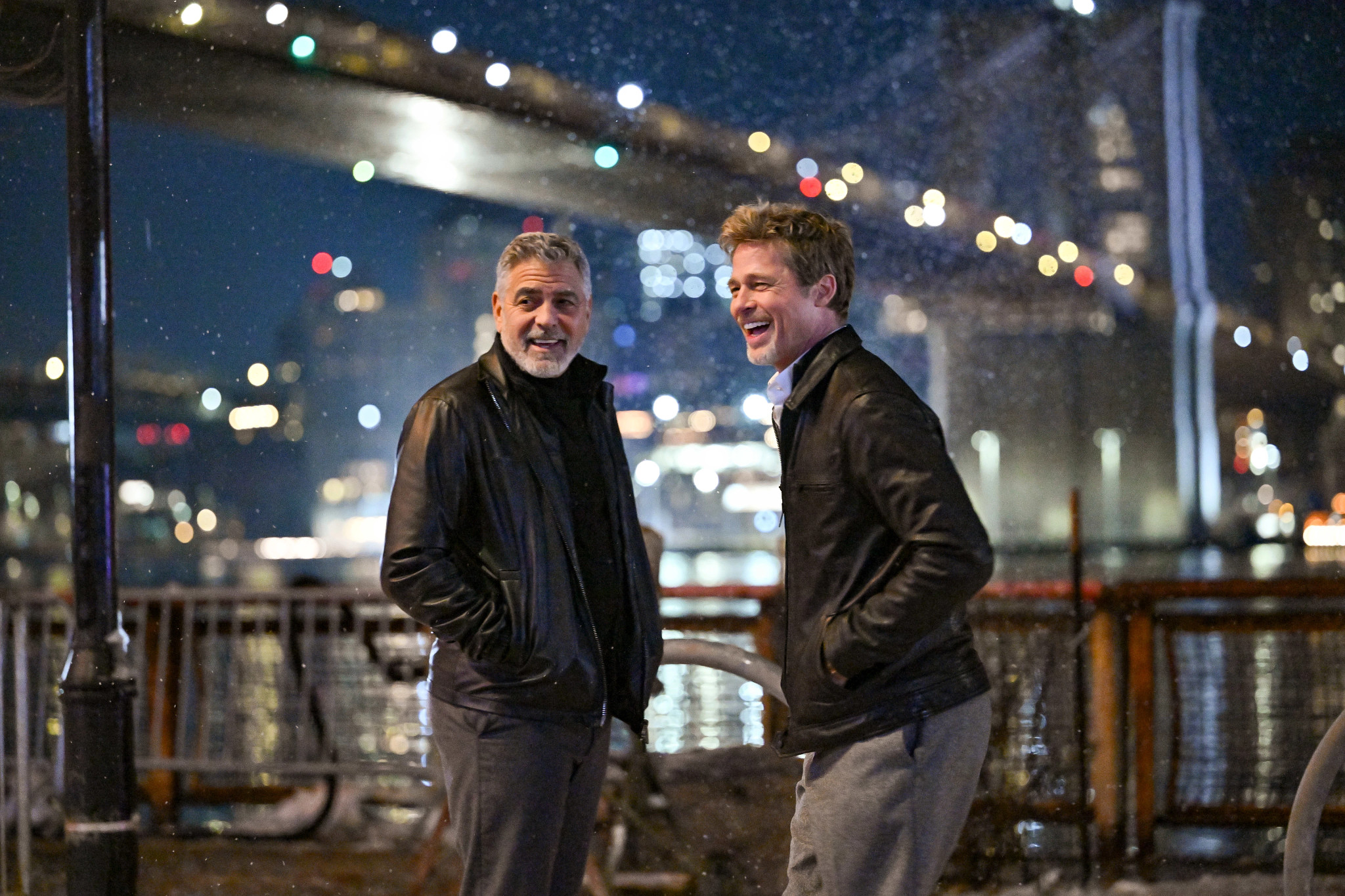 George Clooney and Brad Pitt on the set of "Wolfs" at the South Street Seaport on February 14, 2023 in New York City