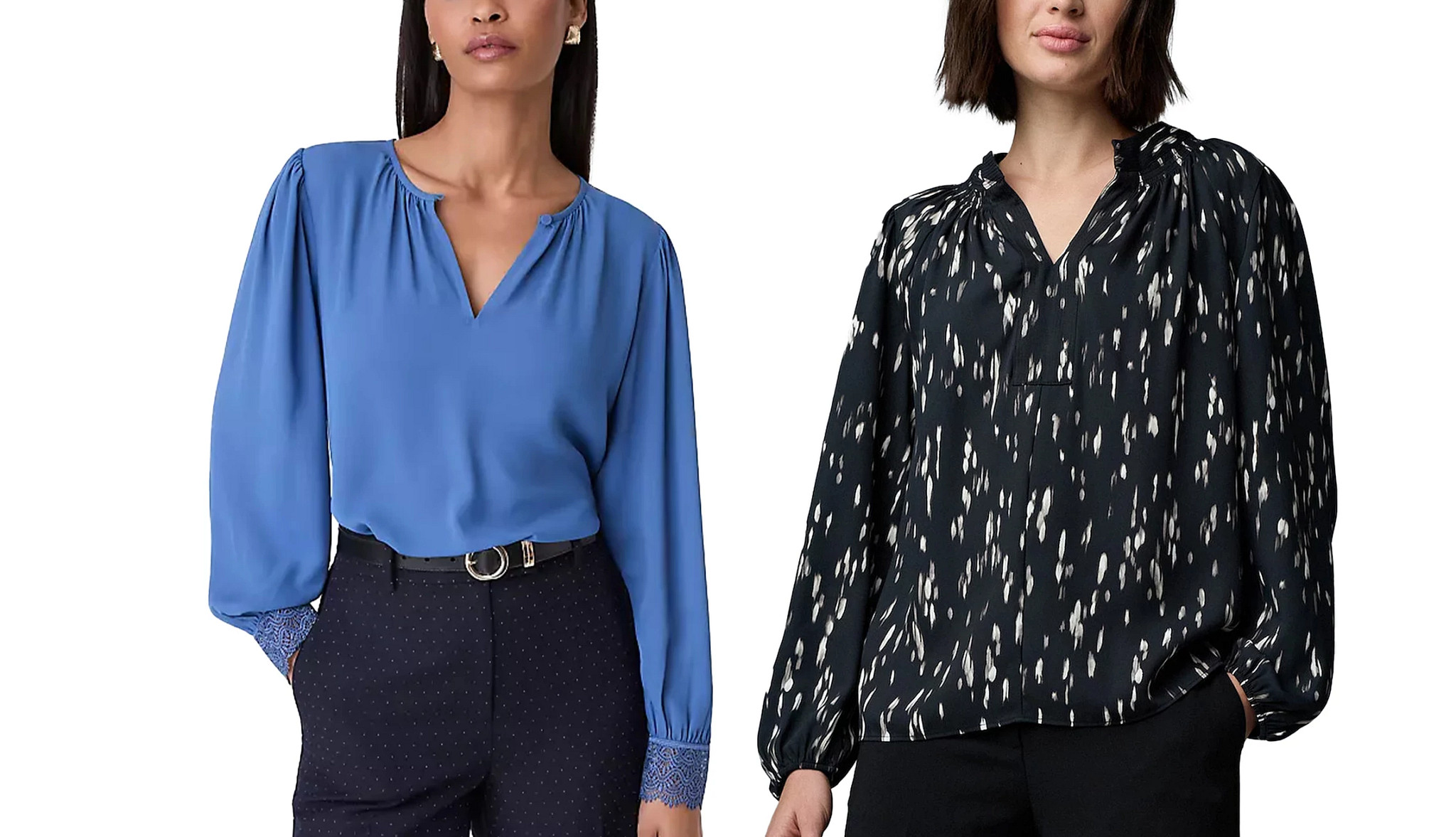 a collage with models wearing loose fitting blouses