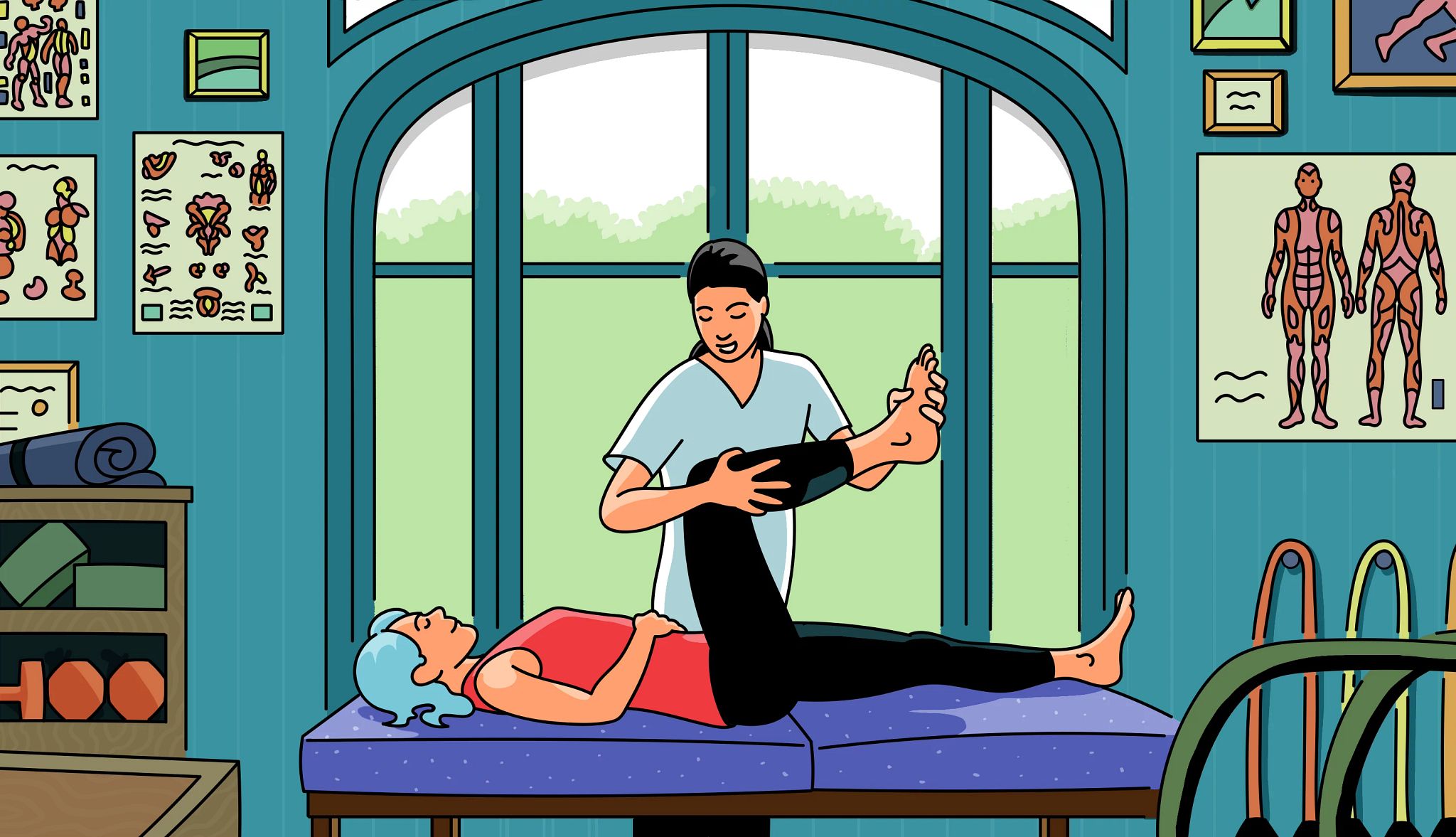 Beneficios de la fisioterapia para mayores y cuidadores Ilustración de un fisioterapeuta atendiendo a un paciente
