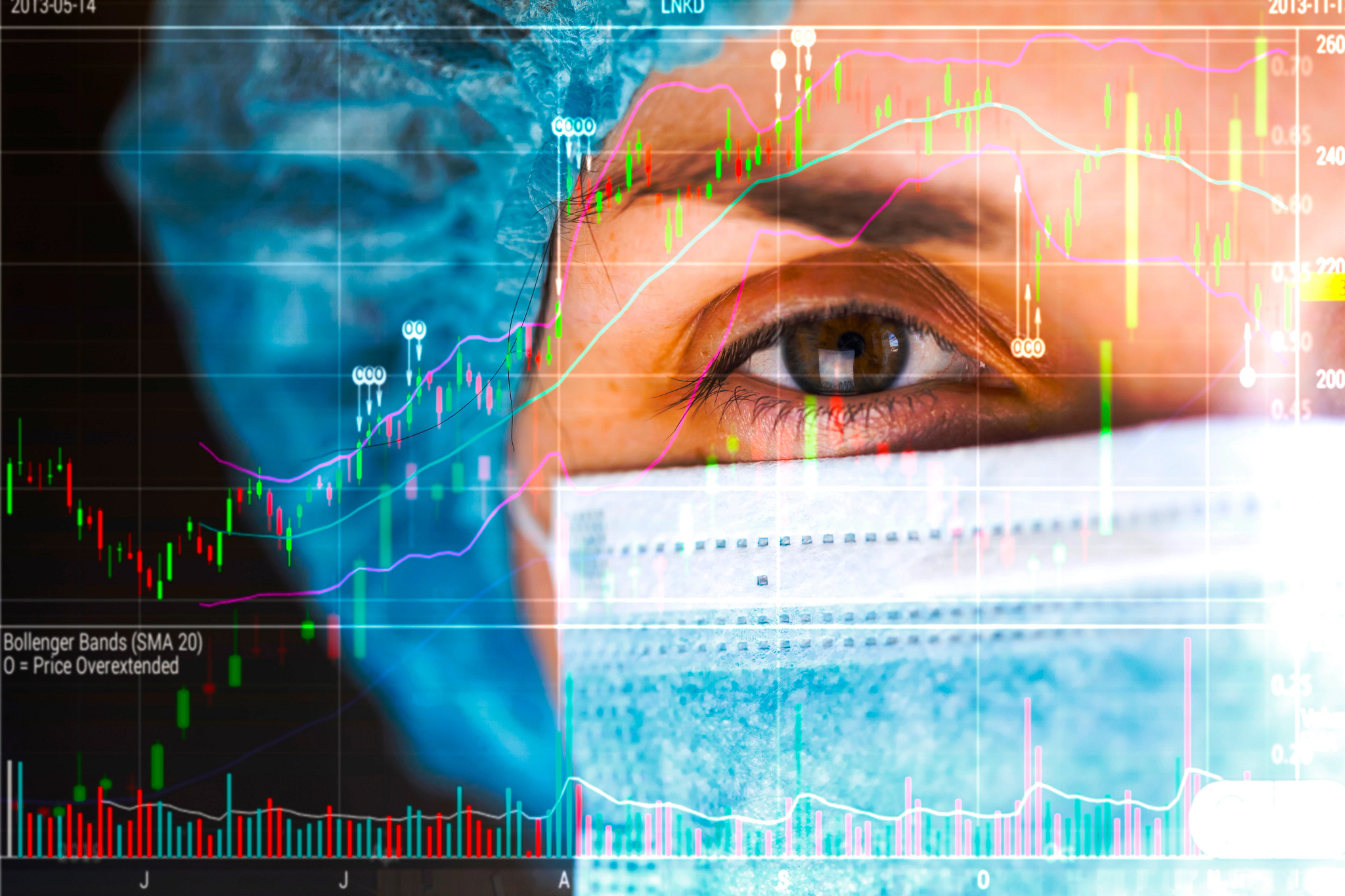 Close-up of a health care worker wearing a surgical mask with stock market charts and financial data overlaid.