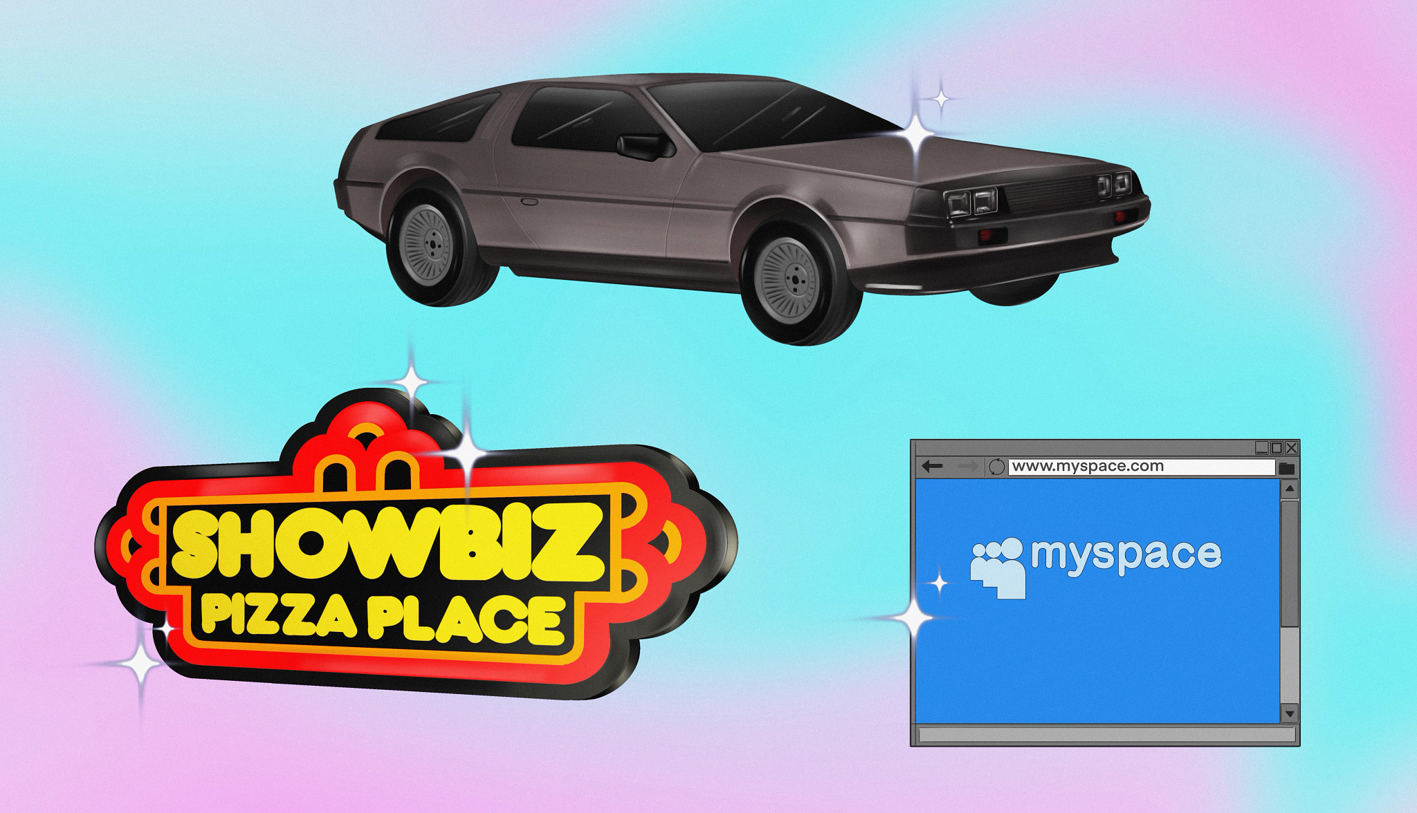 myspace, delorean, showbiz pizza