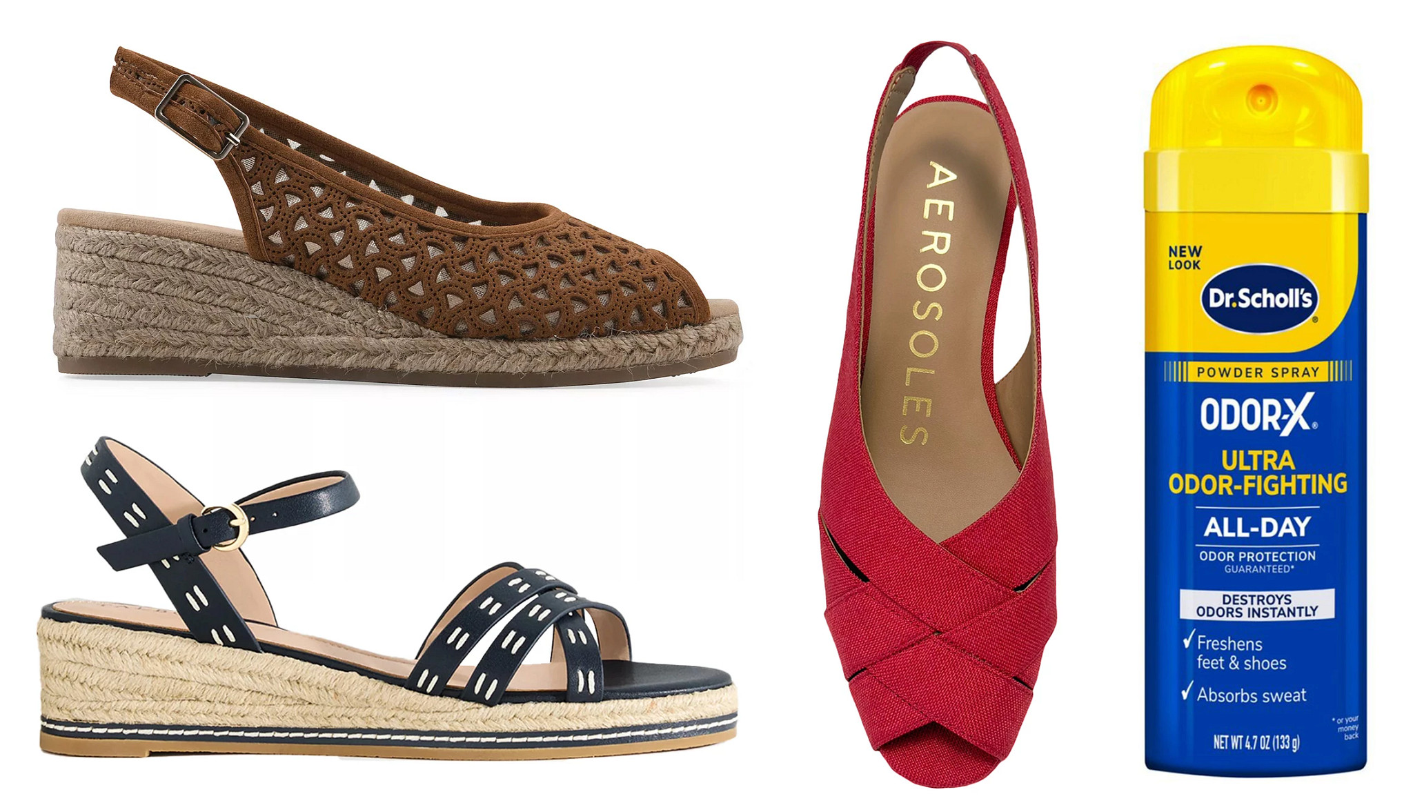 a collage with two different styles of slingback espadrille style sandals, a red canvas slingback sandal and a can of foot odor spray