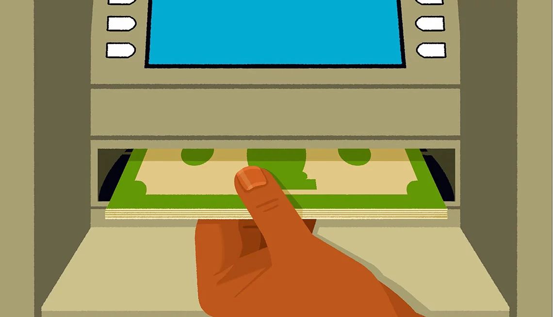 Calculadora de distribución mínima requerida (RMD) Ilustración de una mano sacando billetes de un dólar de un cajero automático
