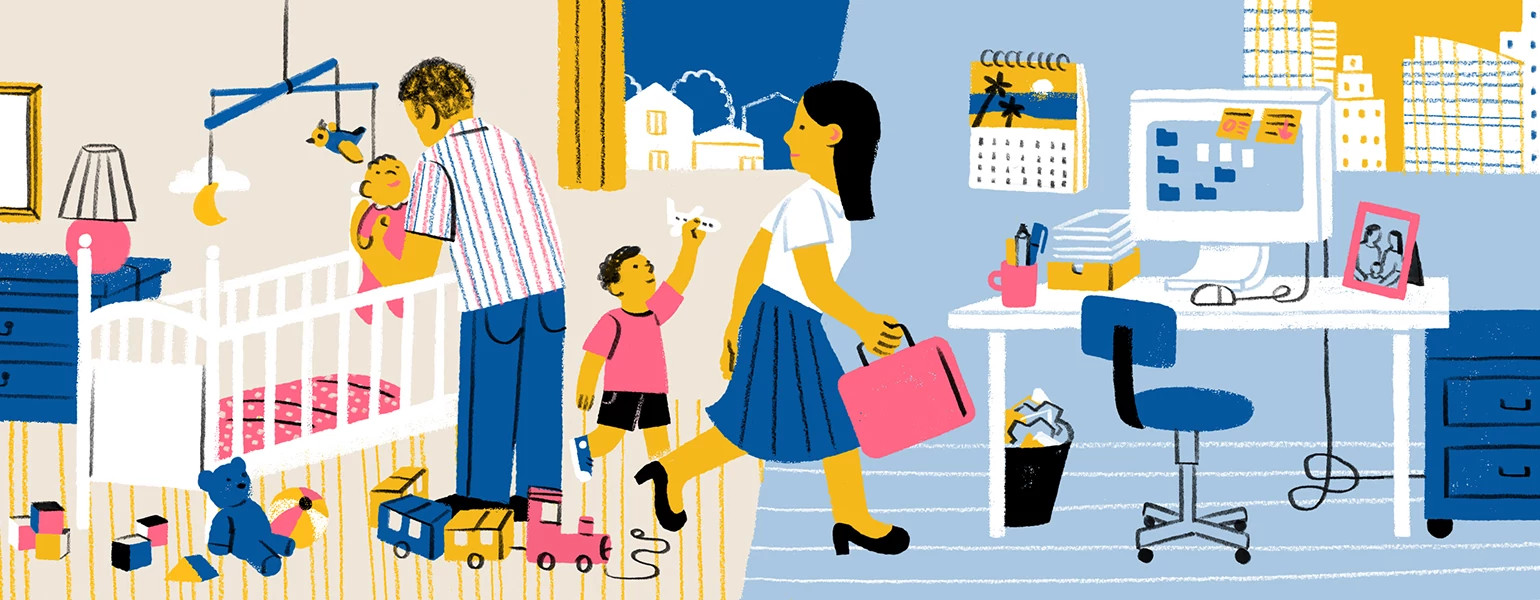 illustration of mother between home and office