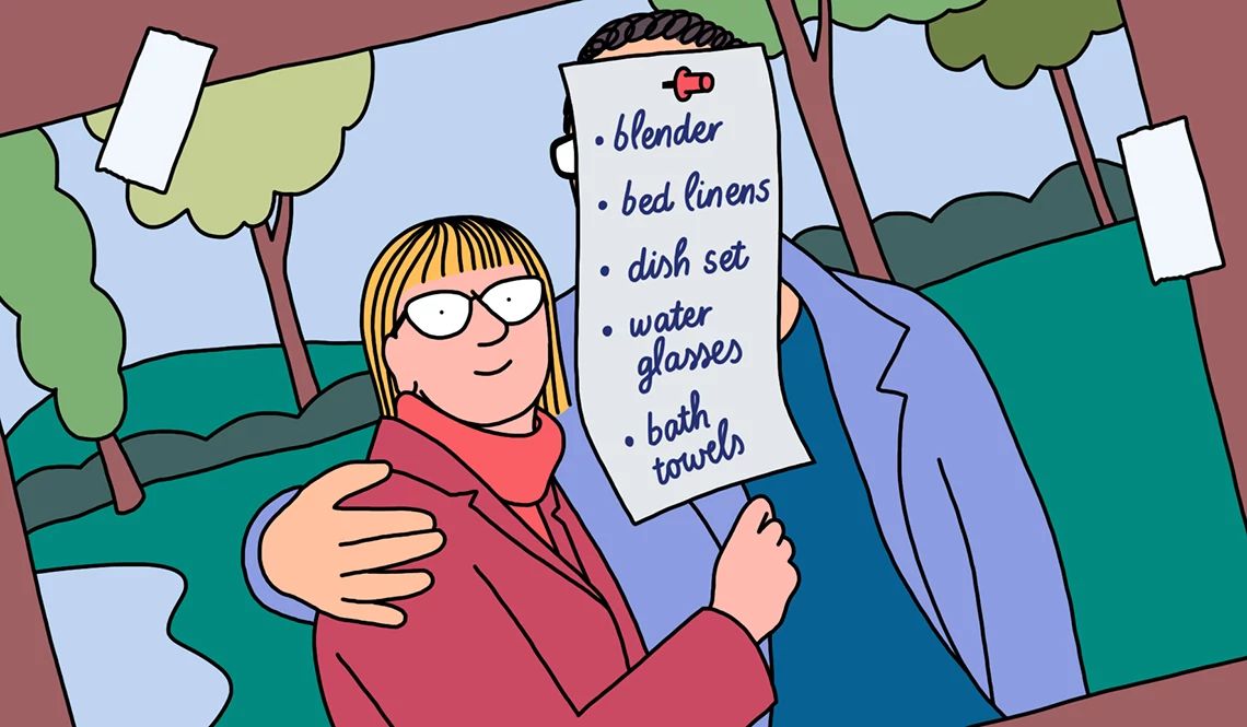 What is a divorce registry? graphic of a woman and man with a list of household goods covering the man's face