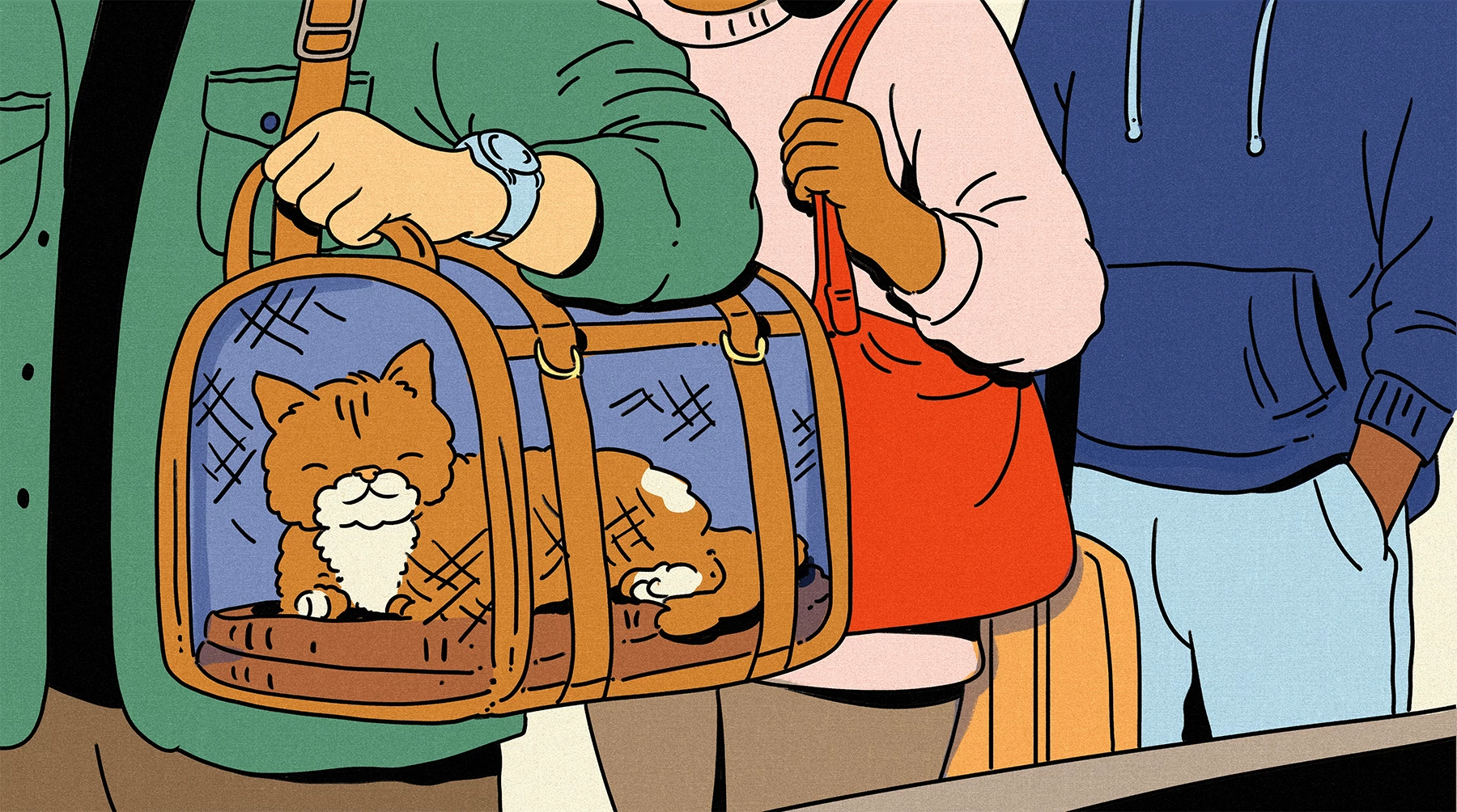 an illustration of a cat in a travel bag
