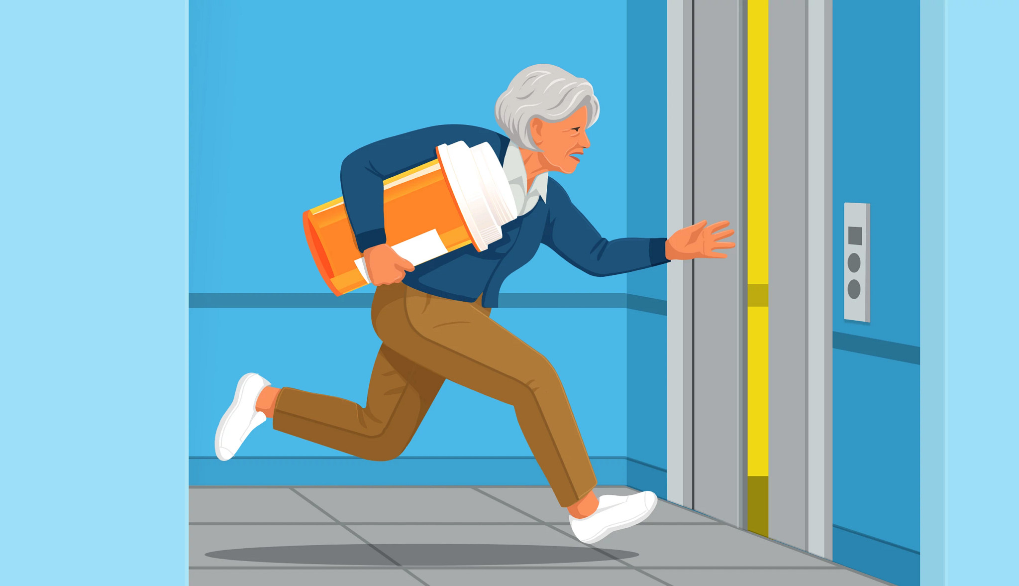 Illustration of an older woman carrying a giant prescription bottle running to catch an closing elevator door.