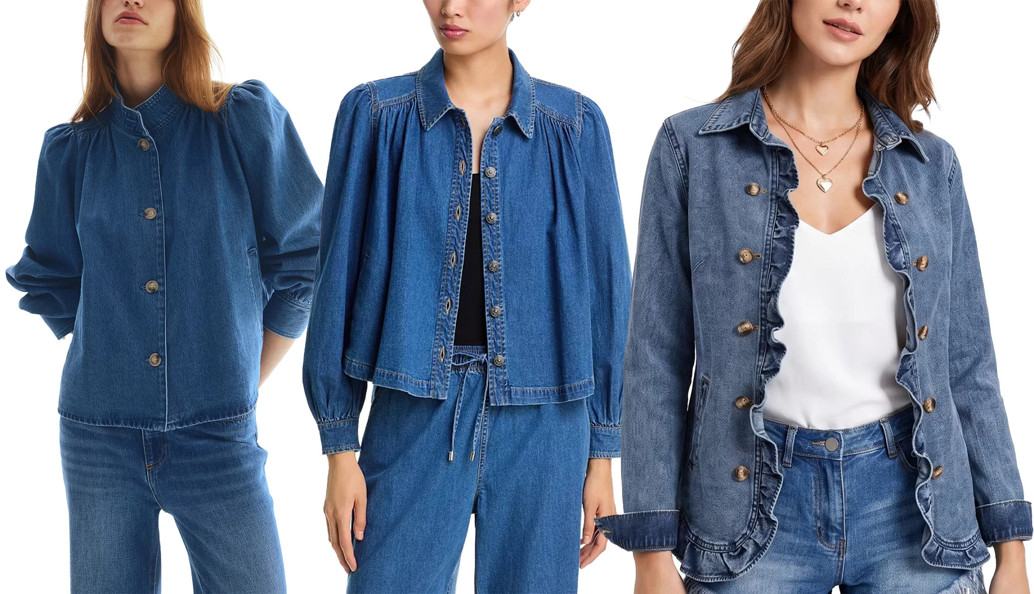 Three different styles of denim jackets.