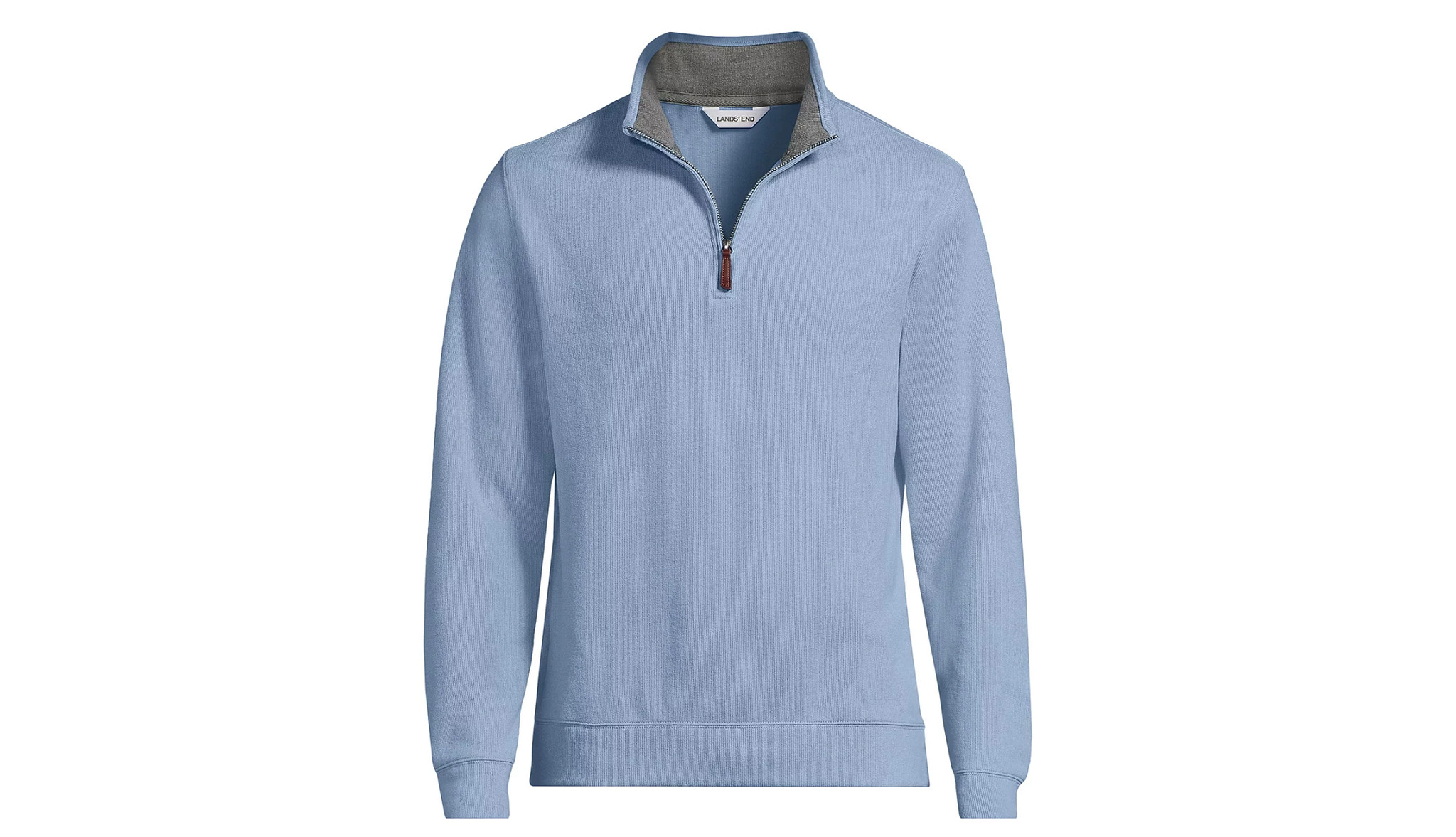 a light blue quarter zip pullover on a white background