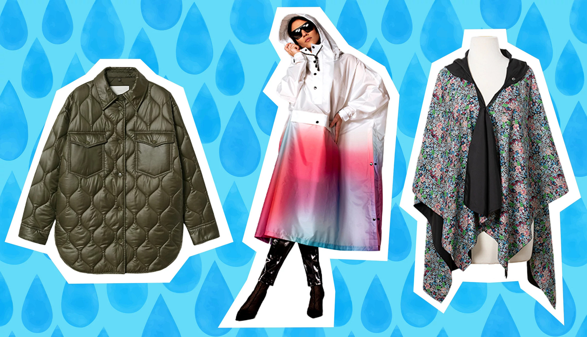 Photo collage featuring three pieces of rain-ready outerwear against a blue background with water droplet graphics
