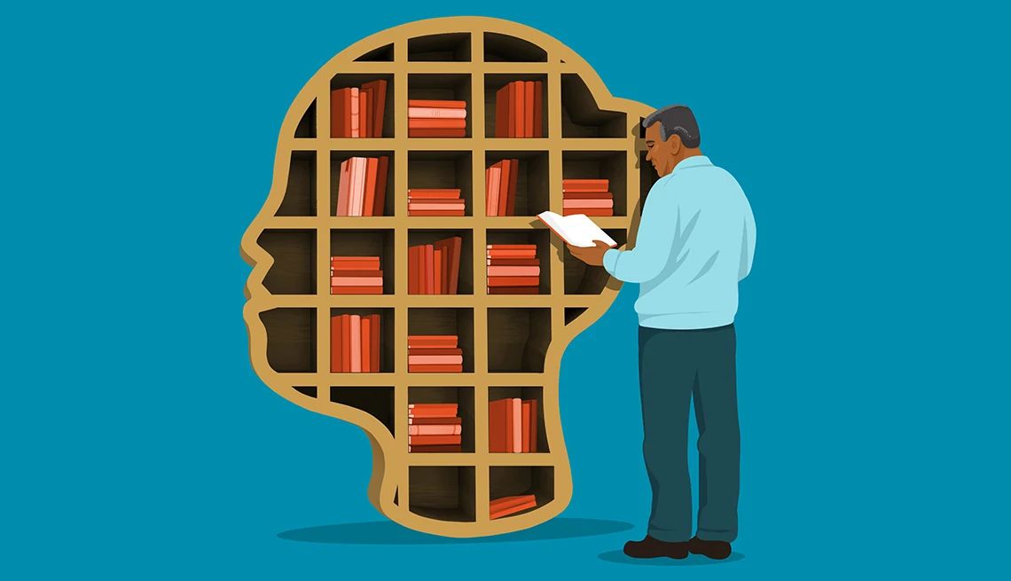 What Women Really Want a man holds a book from a bookshelf in the shape of a woman's head