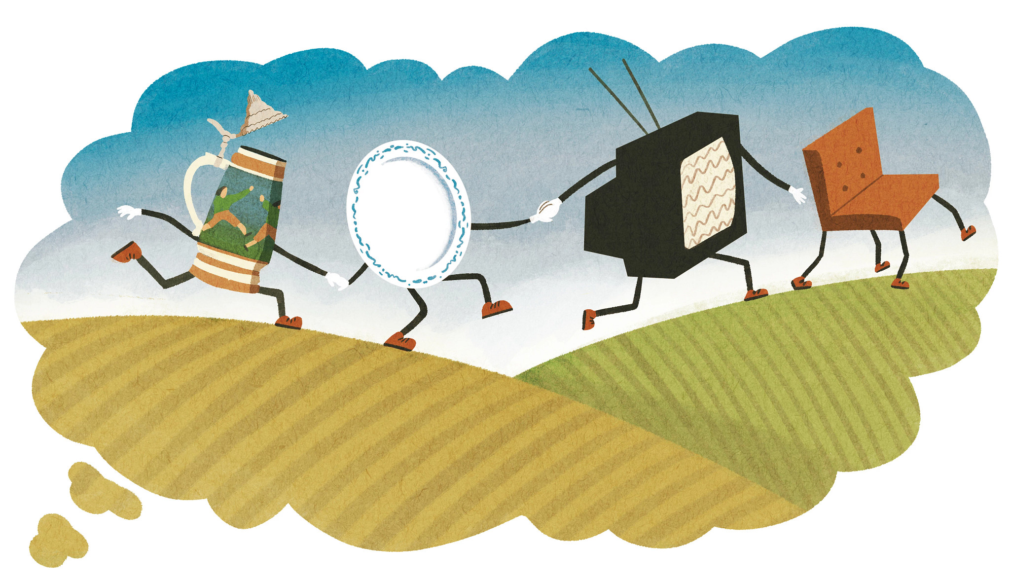 A beer stein, plate, old TV and a chair walk hand-in-hand through a hilly field