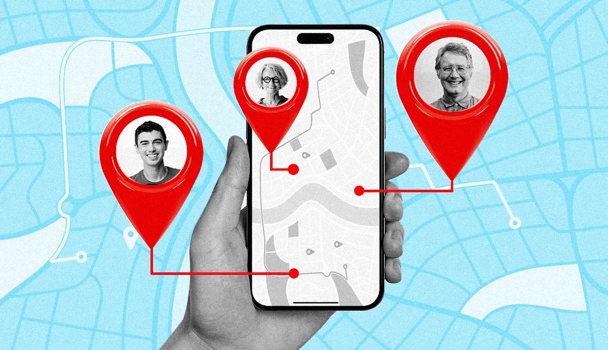 photos of people inside location sharing icons popping out of a smartphone screen