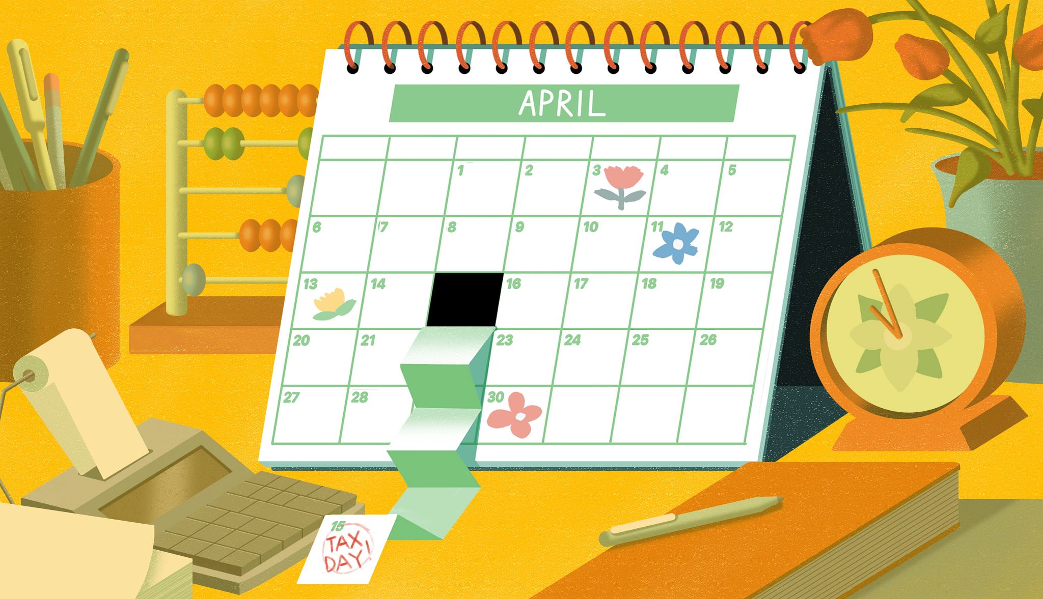 Qué hacer si se te pasa la fecha de declaración de impuestos. Un calendario de abril sobre una mesa rodeado por un reloj, un florero, una calculadora, bolígrafos y otros objetos.