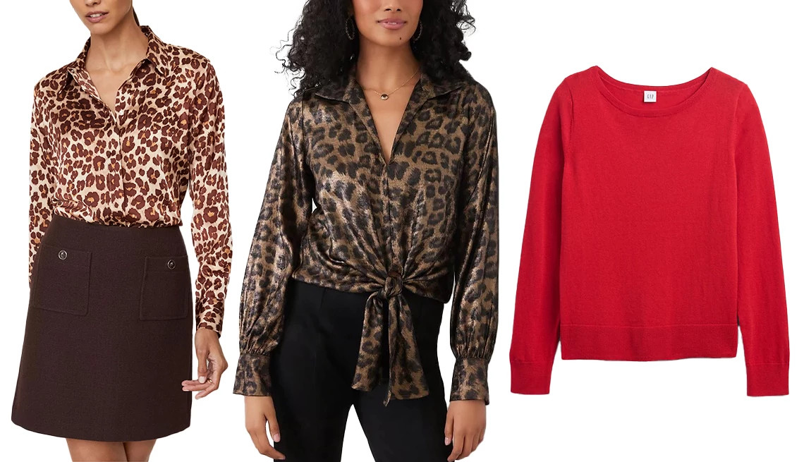 a collage with two models wearing leopart print blouses and a red sweater