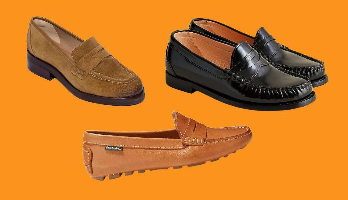 Bernardo Tabitha Penny Loafers in Safari; J.Crew Winona Penny Loafer in Spazzolato Leather in Black; Eastland Patricia Women’s Penny Loafers in Camel