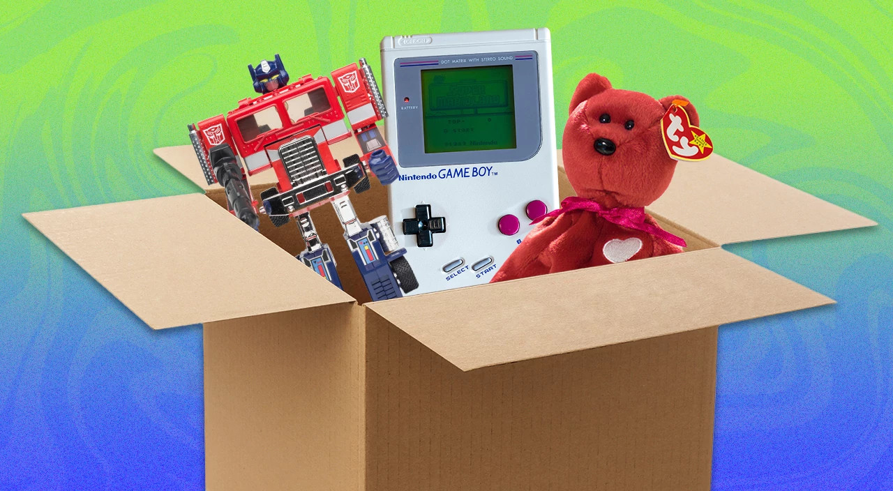 photo collage of childhood items in a box to sell for cash
