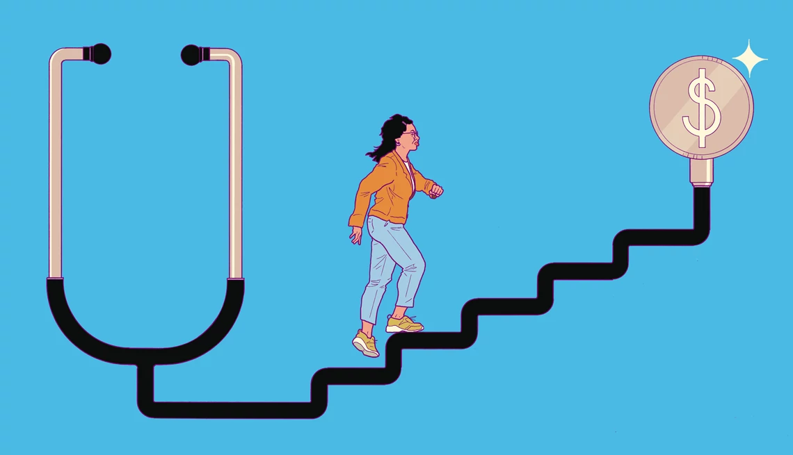 HSA for Retirement a woman walking up a stethoscope in the shape of a staircase