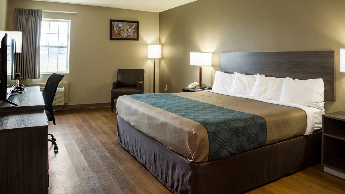 hotel room with king size bed covered in white, brown, green linens, hardwood floors, desk, window, lamps on