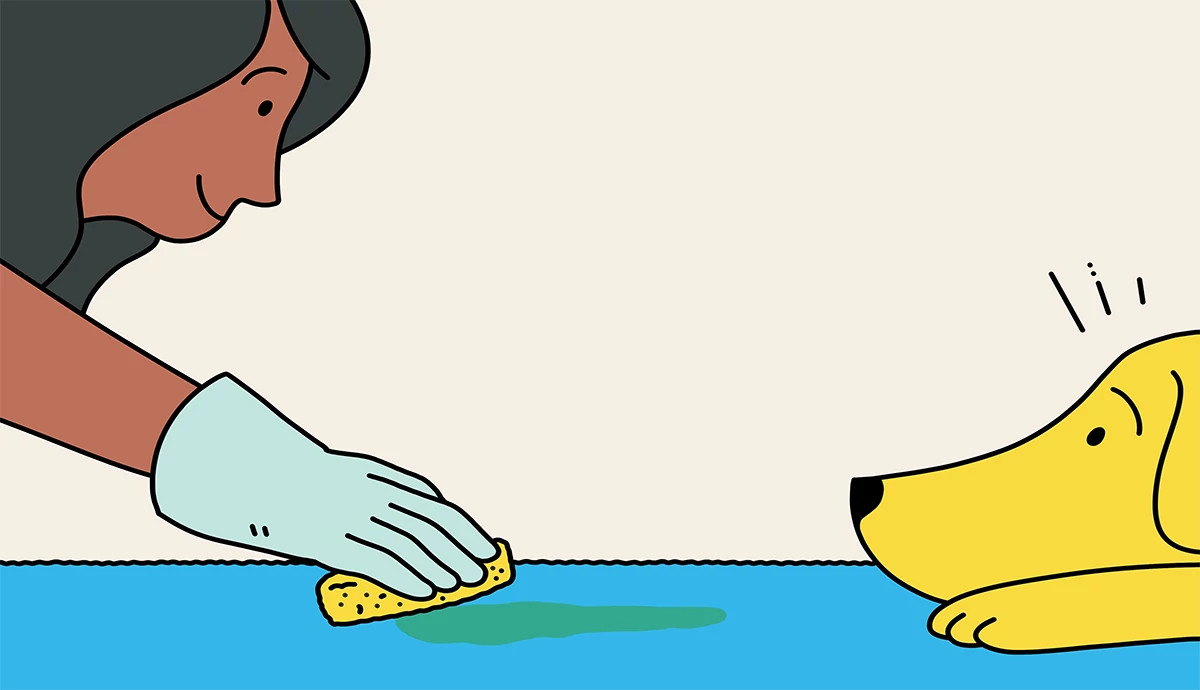 an illustration shows a woman cleaning up a dog urine stain with a sponge