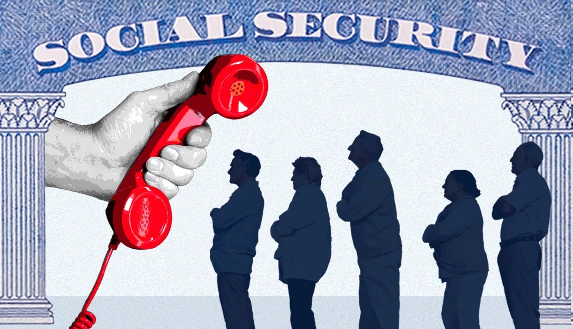 people standing in line in front of an enlarged Social Security card stare at a red telephone