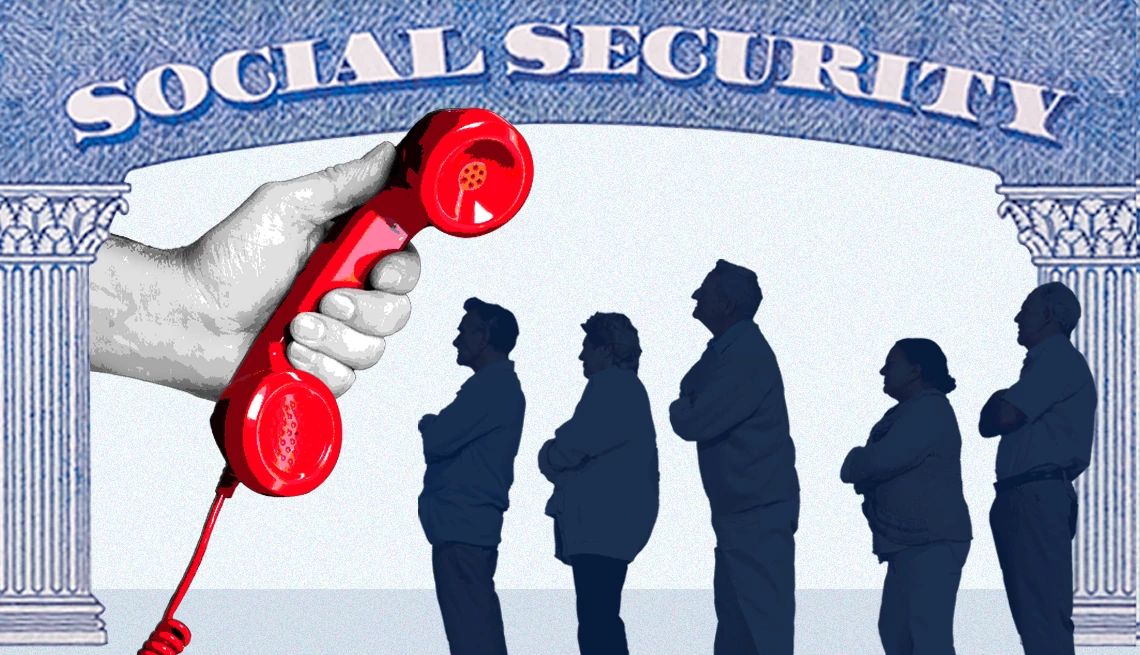 Extended wait times continue for customer service calls to the Social Security Administration. people standing in line in front of an enlarged Social Security card stare at a red telephone