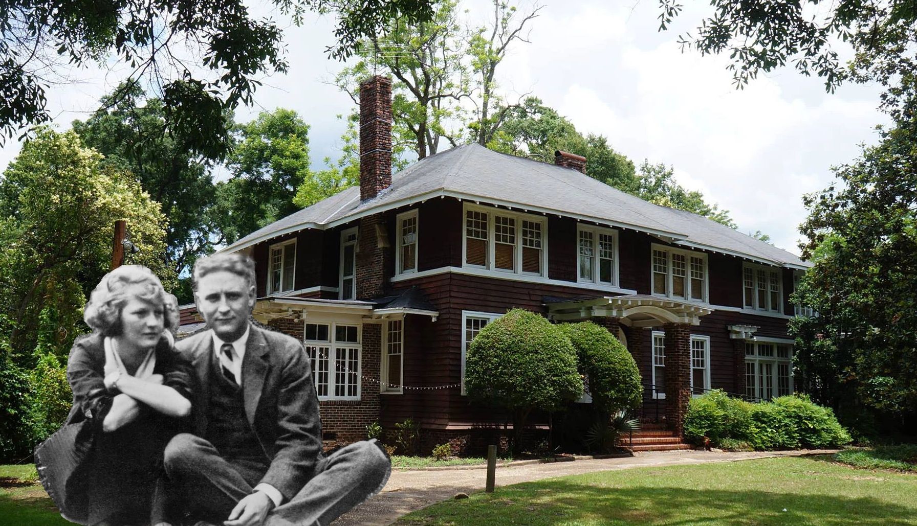 Celebrity Home Rentals a photo of Scott and Zelda Fitzgerald overlaid on a shot of their former home