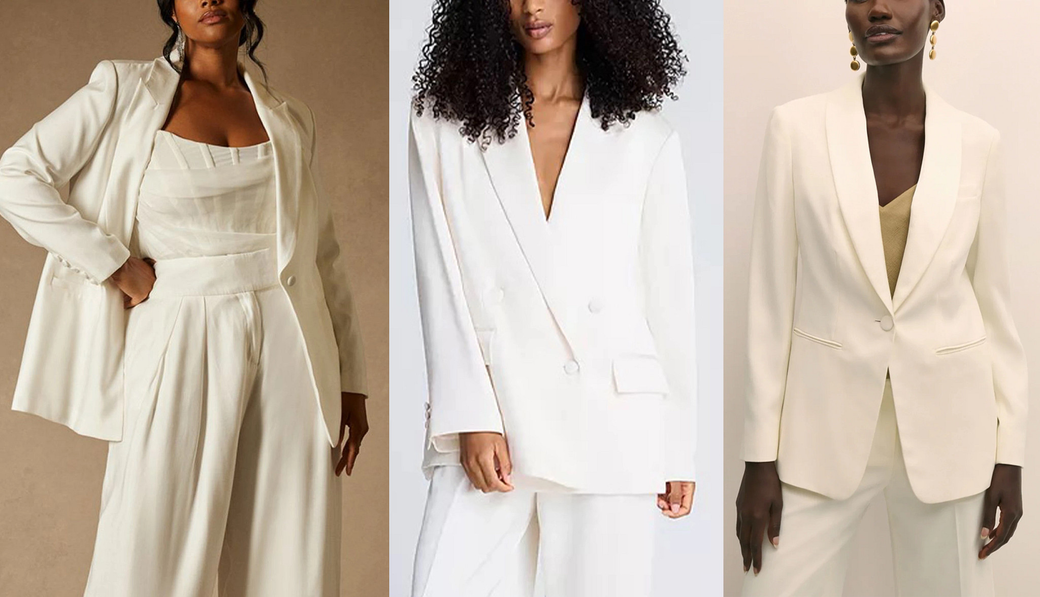 a collage with models wearing matching suit sets in white and cream