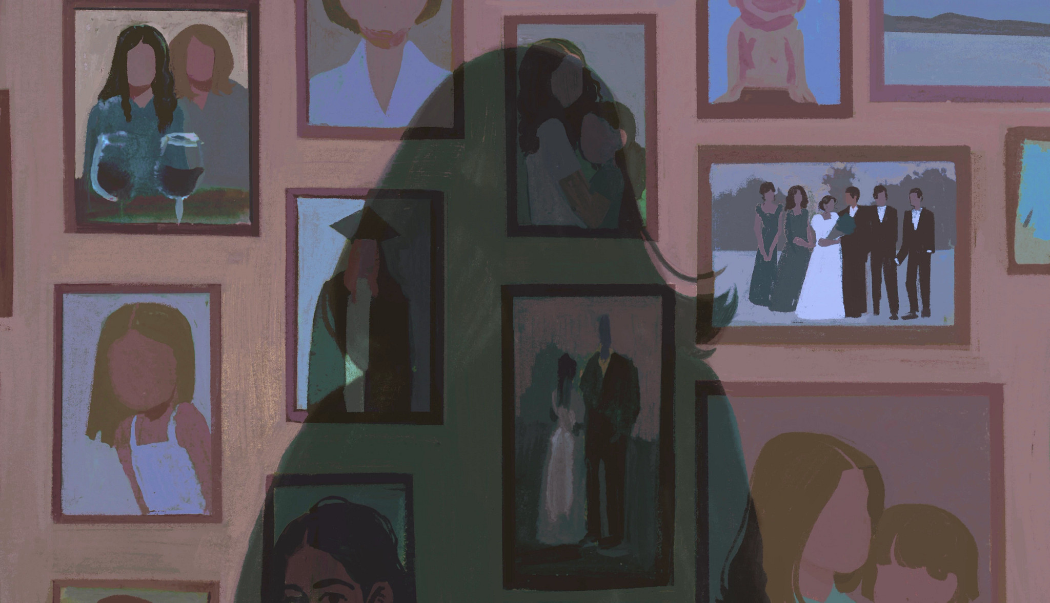 illustration of woman's shadow standing in front of picture frames filled with memories