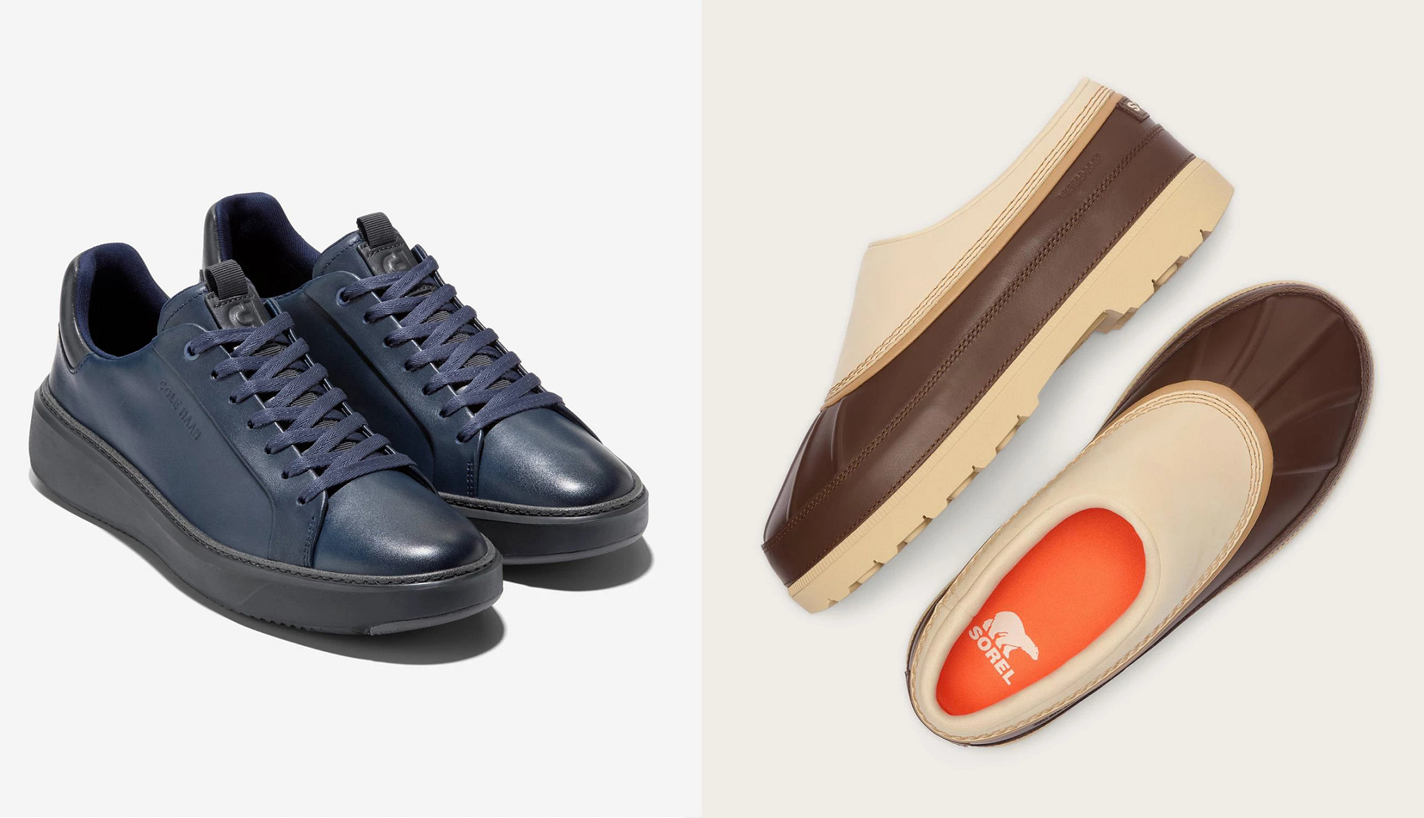 a collage with two different styles of mens casual shoes