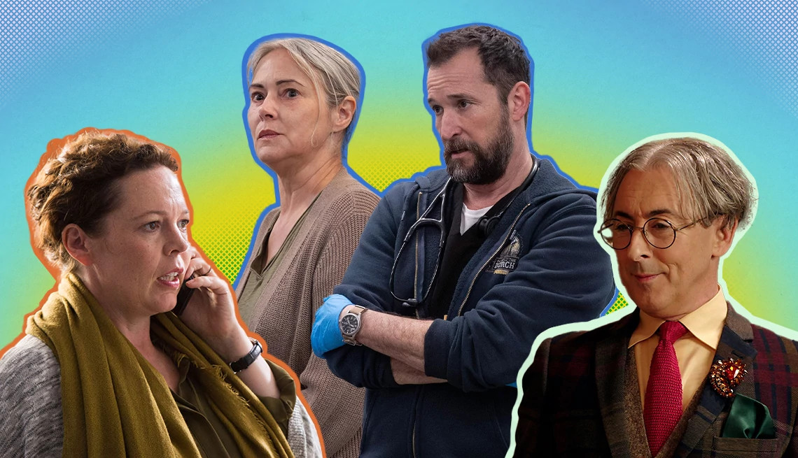 a collage with actors in tv shows the pitt the night manager and the traitors