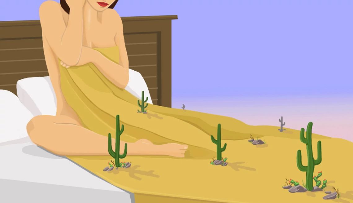 this week's in the mood illustration of a woman laying on a bed with a blanket with cactus on it