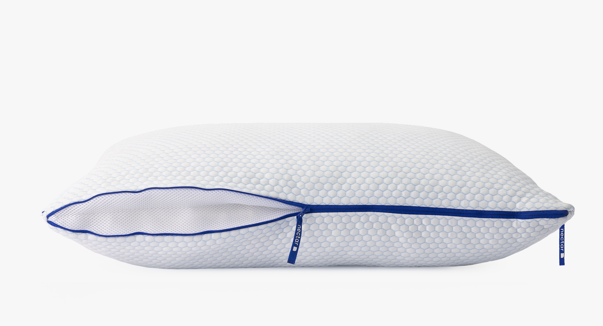 A Nectar pillow with blue piping on the edges and a zipper