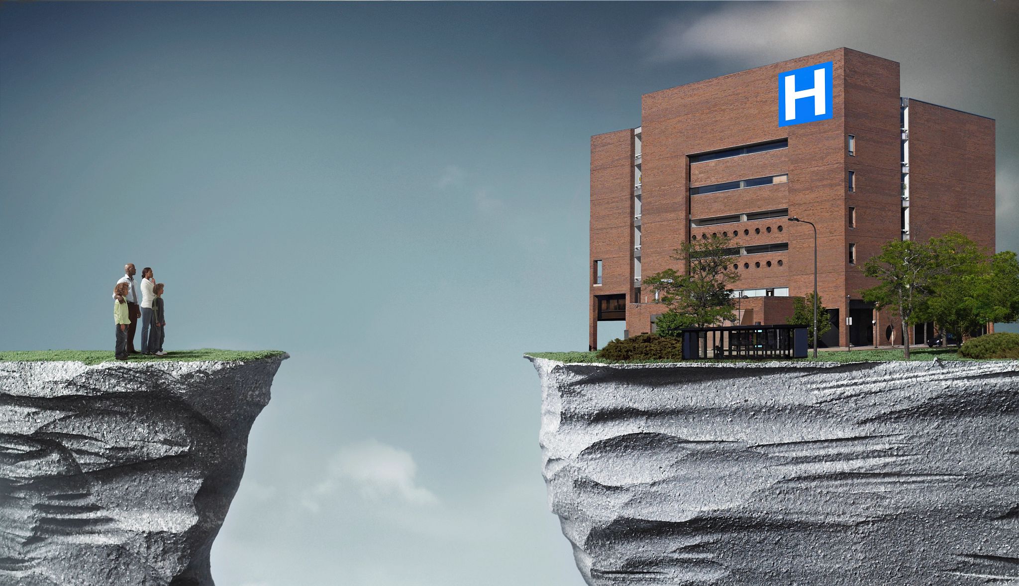 Health Insurance Premiums to Rise as ACA Tax Credits Expire people looking over a cliff with a hospital on the other side