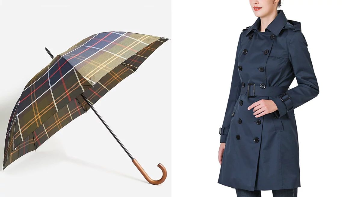 An umbrella and a water resistent hooded trench coat Barbour Walker Umbrella in Tartan; Kimi + Kai Women’s Else Water-Resistant Hooded Trench Coat