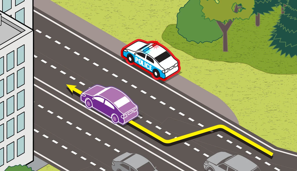 a graphic illustration with a three quarters view shows car being pulled over by the police