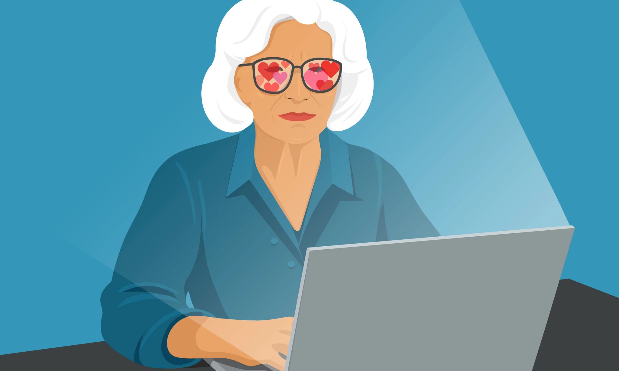 an illustration shows an older adult woman using a laptop, wearing rose-colored glasses