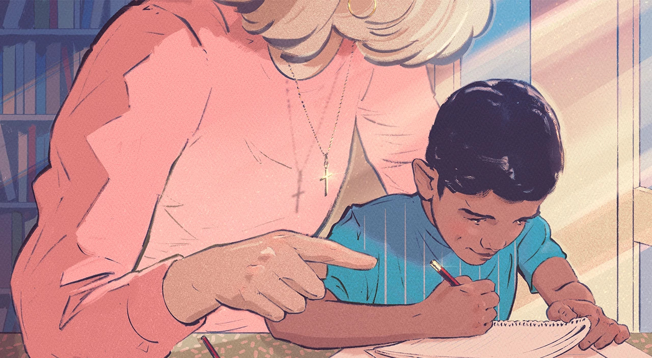 illustration of woman instructing a child who is writing in notebook