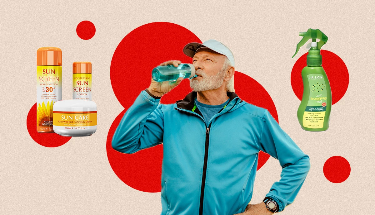 An illustration of an older man in a blue athletic jacket drinking from a water bottle, flanked by sunscreen bottles and a green bug spray bottle on a background with abstract red circles.
